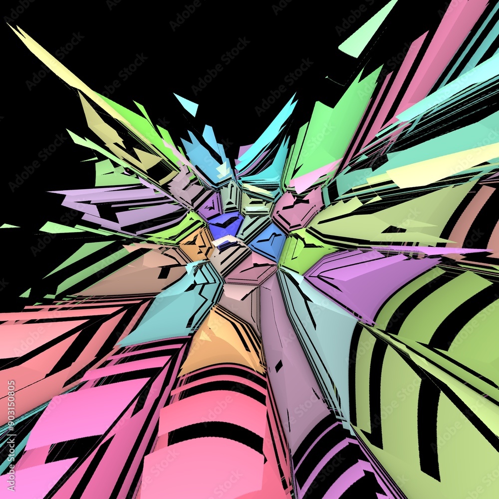 Aufkleber set on a black background brightly coloured pieces exploding apart in multicoloured layers