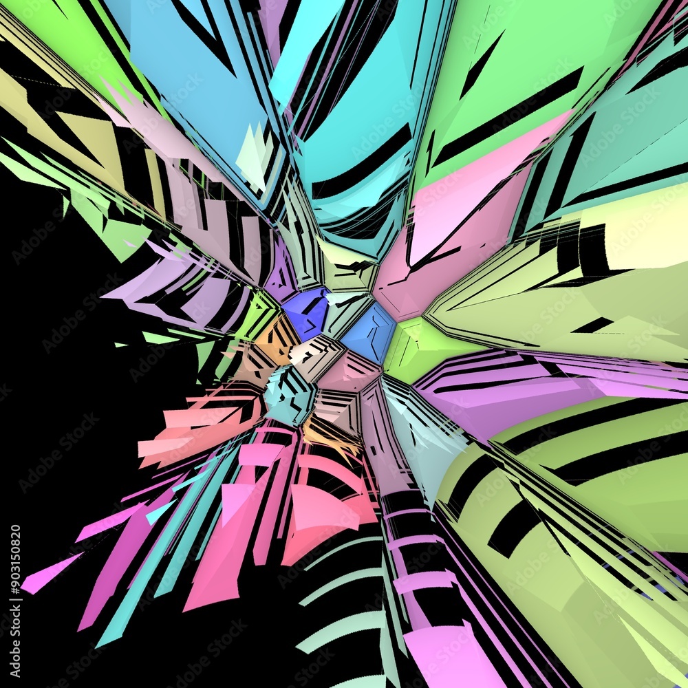 Poster set on a black background brightly coloured pieces exploding apart in multicoloured layers