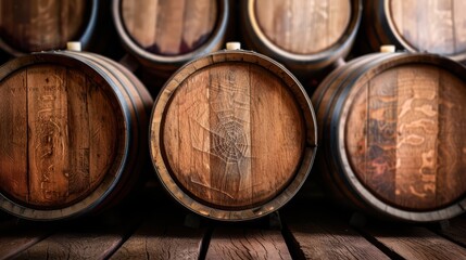 A collection of large wooden wine barrels arranged on a wooden floor in a cellar, with intricate details and a rustic, vintage aesthetic.