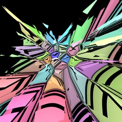 Set on a black background brightly coloured pieces exploding apart in multicoloured layers