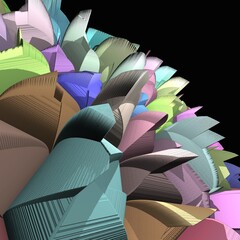 Set on a black background brightly coloured pieces exploding apart in multicoloured layers