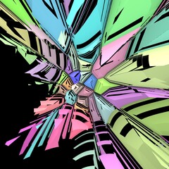 Set on a black background brightly coloured pieces exploding apart in multicoloured layers