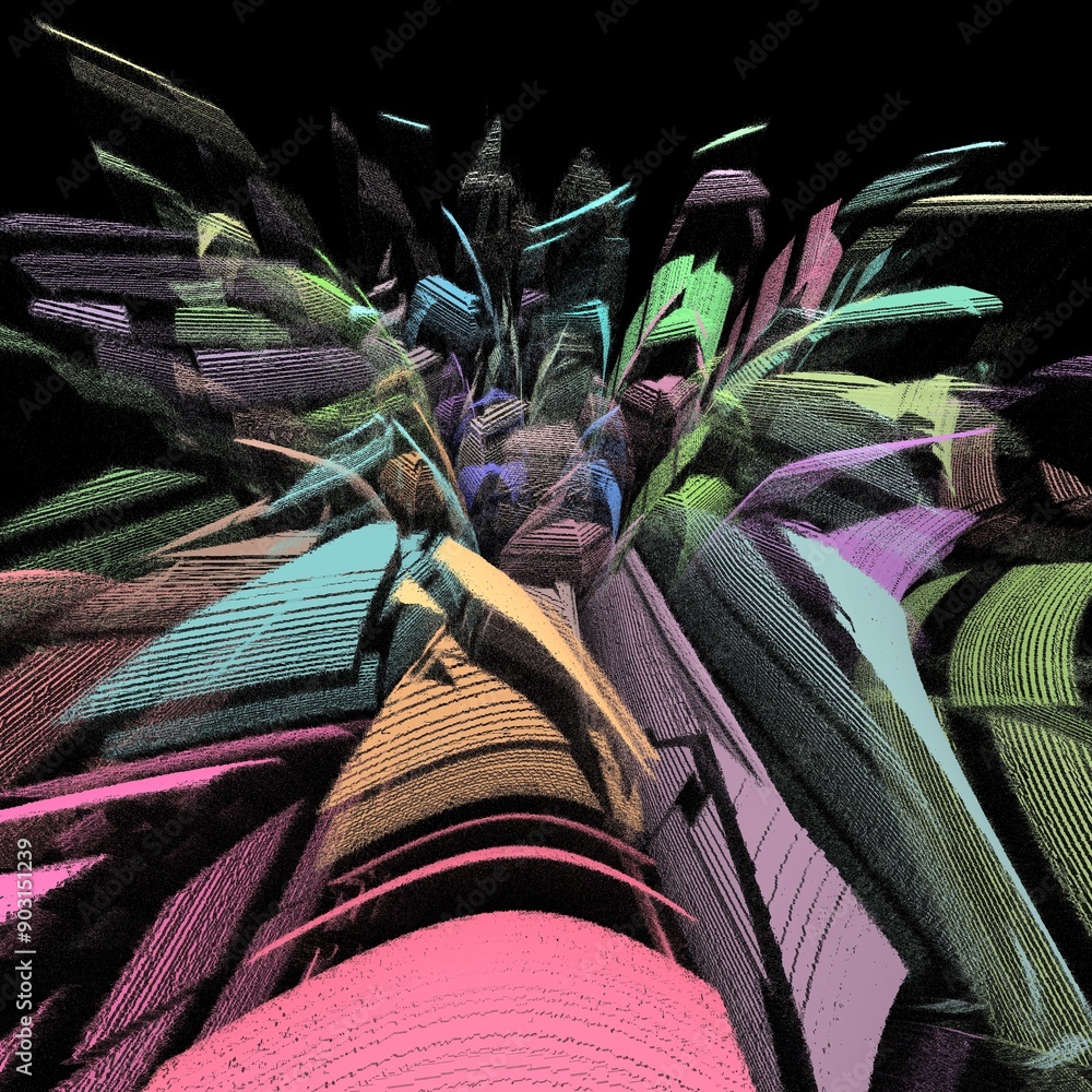 Aufkleber set on a black background brightly coloured pieces exploding apart in multicoloured layers