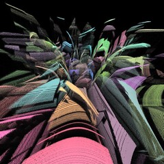 Set on a black background brightly coloured pieces exploding apart in multicoloured layers