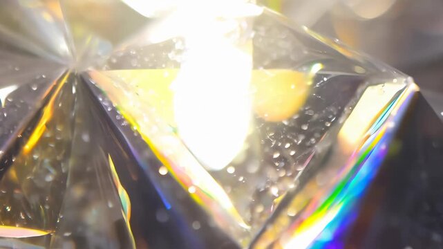 Faced gem transparent on the direct sun beams, iridescent rainbow glares, background with shining crystal at sunlight. Footage for stone shop promo or advertising.