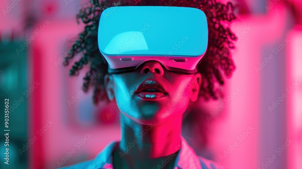 Poster an individual is diving into a virtual world using a vr headset, set against a neon-lit background, 