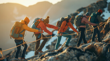 Team members navigating an obstacle course together, helping each other through, left third copy space. Creation, Responsibility, Harmony