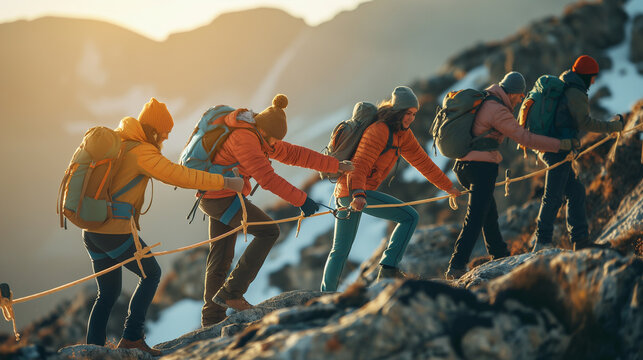 Team members navigating an obstacle course together, helping each other through, left third copy space. Creation, Responsibility, Harmony