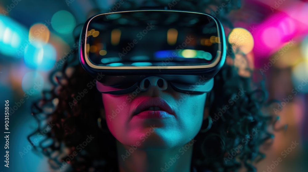 Poster a person with a vr headset on is surrounded by a dynamic neon backdrop, experiencing immersive techn