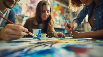 Fototapeta premium Colleagues engaging in a creative workshop, painting or crafting together, left third copy space. Creation, Joy, Harmony