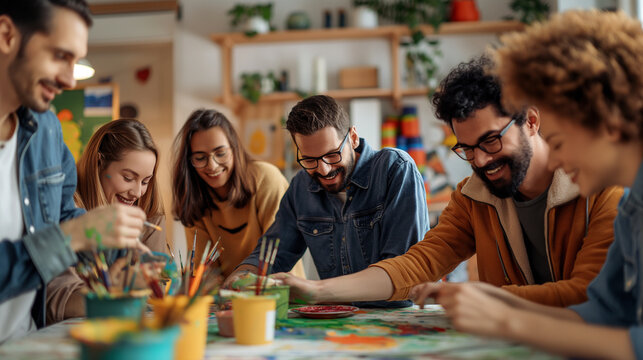 Colleagues engaging in a creative workshop, painting or crafting together, left third copy space. Creation, Joy, Harmony