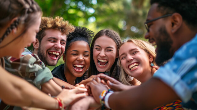 Teams playing icebreaker games, laughing and interacting, upper third copy space. Joy, Support, Harmony