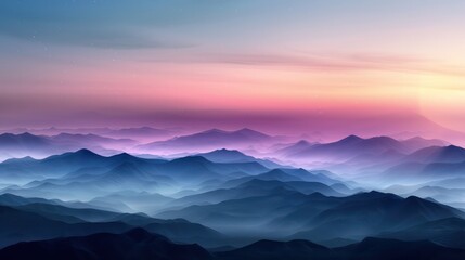 Fototapeta premium A beautiful mountain range with a blue sky and a pink sunset. The mountains are covered in mist and the sky is filled with stars. The scene is serene and peaceful