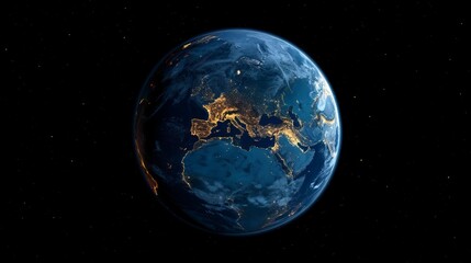 3D Earth with atmospheric clouds and night lights visible in Europe
