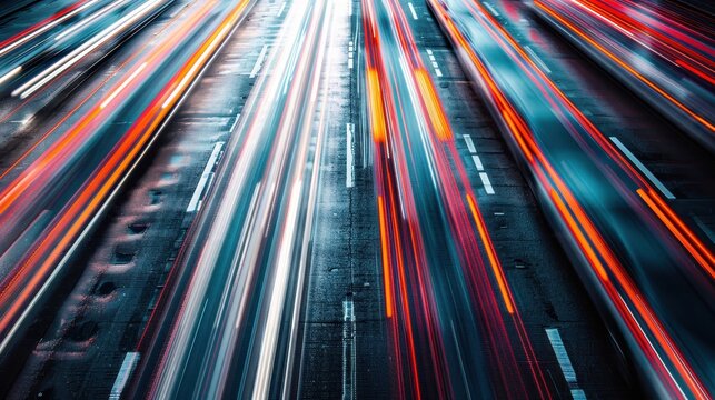 A busy highway at night captured with long exposure, showcasing vibrant light trails from cars, revealing the rush and movement in urban life with striking visual effects.