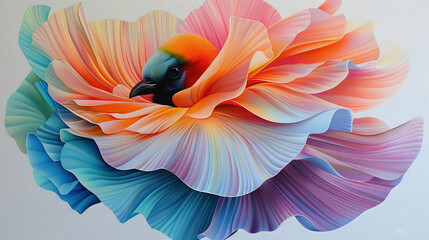 Fototapeta premium A vibrant depiction featuring a bird within a flower, with a contrasting blue avian companion at its center