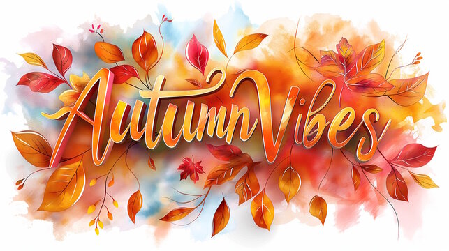 "Autumn Vibes" text with a playful and vibrant design featuring autumn leaves on a colorful background, perfect for promoting fall themes and celebrating the season,