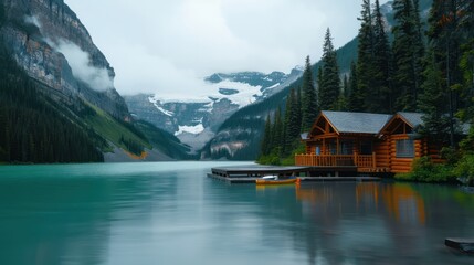 Fototapeta premium A cabin is on a lake with a view of mountains. The cabin is surrounded by trees and the water is calm