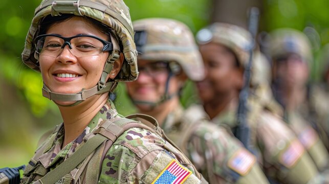 formation of diverse Female Soldier in Uniform During Military Training