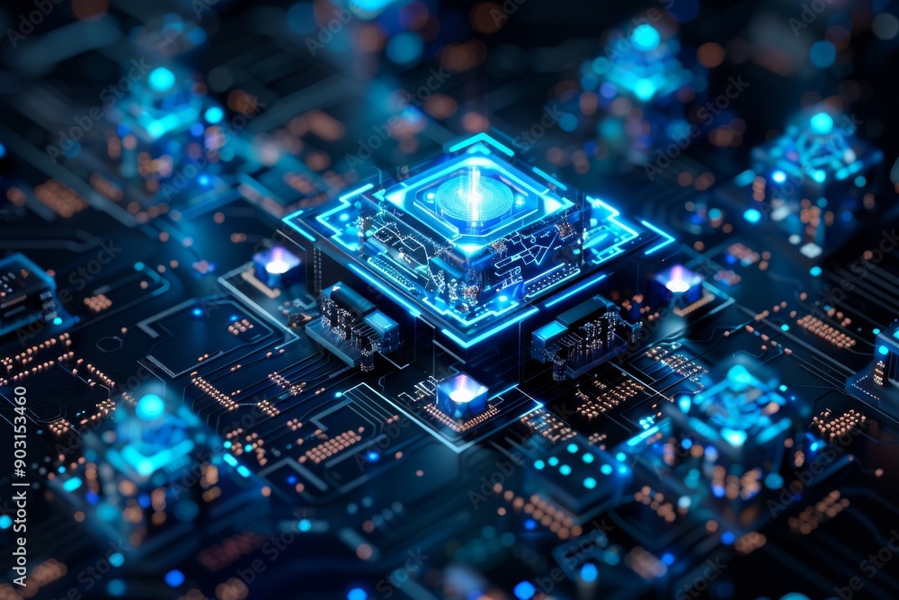 Poster futuristic circuit board with glowing central processor representing advanced technology and digital