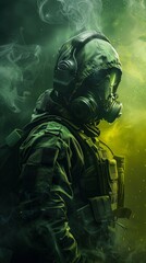 A soldier in tactical gear amidst green smoke.
