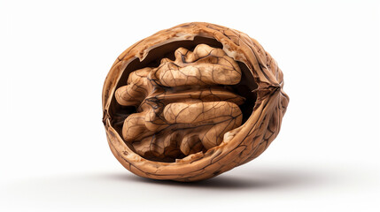 Macro shot of a walnut half, showcasing intricate textures and natural patterns, isolated on a white background