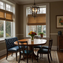 Cozy Dining Room Featuring a Table and Chairs Next to a Sunlit Window, Creating a Warm and Inviting Atmosphere
