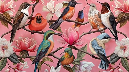  A stunning depiction of birds perched on a tree branch against a backdrop of vibrant pink flowers