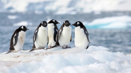 Obraz premium A group of penguins are standing on a snowy surface near the water. The penguins are all facing the same direction, and they appear to be looking at something in the distance. The scene is peaceful