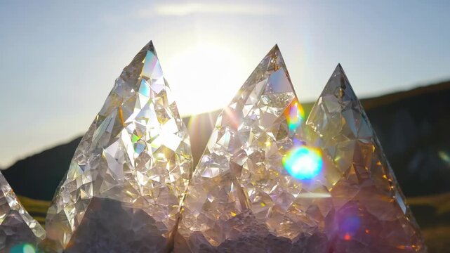 Luminous natural mineral tips transparent on the direct sun beams, iridescent rainbow glares, background with shining crystal at sunlight. Footage for gem shop promo or advertising.