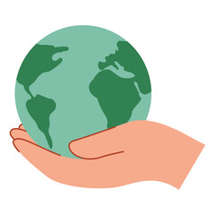 Holding planet earth.Holding globe.Green earth globe.Sustainable and environmentally friendly. Caring for environment.Ecology concept.Environmental protection.Vector flat illustration.