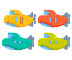 Submarine in underwater cartoon.Underwater boat.Yellow submarine.Bathyscaphe underwater ship.Submarine with a periscope.Vector flat illustration.A toy boat.A toy submarine.
