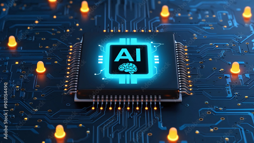 Poster a computer chip with 'ai' written on it, artificial intelligence concept