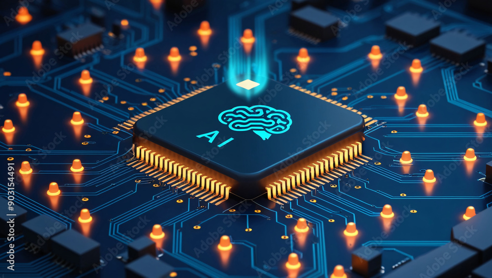 Poster a computer chip with 'ai' written on it, artificial intelligence concept