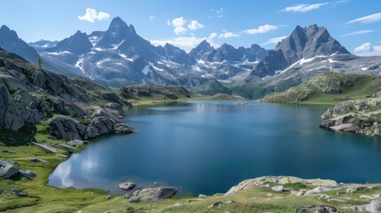 A beautiful lake surrounded by mountains. The water is calm and clear, reflecting the blue sky above. The scene is peaceful and serene
