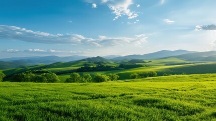 Obraz premium A large, open field with a clear blue sky and a few clouds. The sky is bright and sunny, and the grass is lush and green. The scene is peaceful and serene