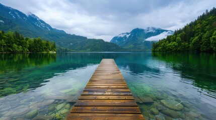 A wooden pier is in front of a lake with mountains in the background. The water is calm and clear, and the sky is cloudy. The scene is peaceful and serene