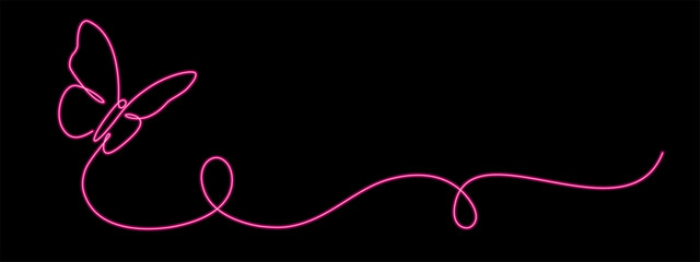 Butterfly drawing with one continuous neon line. Minimalistic linear design of beautiful butterfly for business, social media. Vector illustration on black background