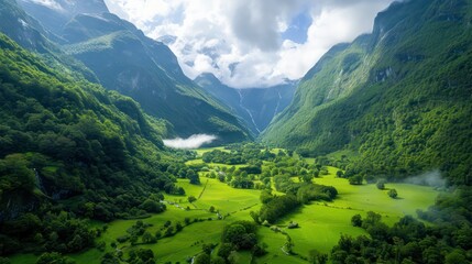 Naklejka premium A lush green valley with a mountain range in the background. The sky is cloudy, but the sun is still shining through. The valley is full of trees and grass, creating a peaceful and serene atmosphere