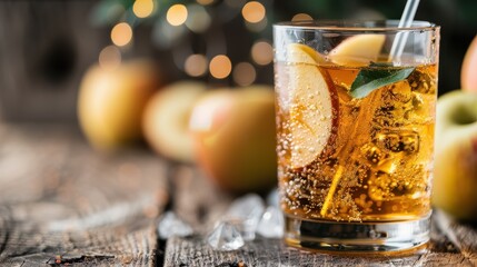 A sparkling apple beverage garnished with fresh apple slices in a glass, with icy elements around and a rustic background, perfect for a festive occasion or casual refreshment.