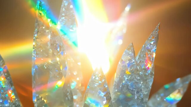 Luminous natural mineral spike with rainbow flares from sun rays interact, iridescent rainbow glares, background with shining crystal at sunlight. Footage for shop promo or advertising.