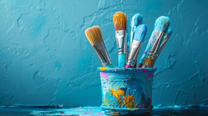 Fototapeta premium Colorful Paint Brushes in Cup Against Textured Blue Background - Vibrant Art Tools