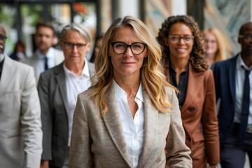 beautiful diverse group of business executives, all wearing stylish glasses, are confidently walking towards the camera led by a smiling woman, with some members looking ahead