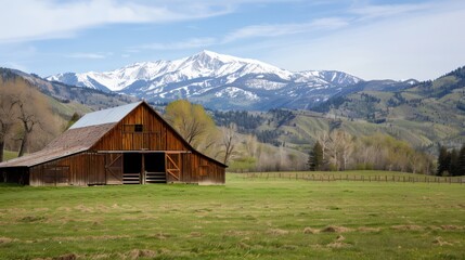 Obraz premium A rustic barn sits in a grassy field with a mountain in the background. The barn is old and has a lot of character. The scene is peaceful and serene, with the barn