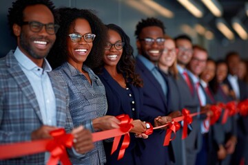 diverse group of beautiful management level business employees, wearing eyeglasses, are smiling and laughing as they look eagerly towards the red ribbon they are about to cut