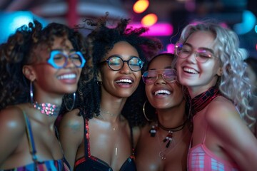 Four beautiful stylish girls are laughing and smiling while wearing eyeglasses as they sing karaoke at the club. They have captivating voices and are looking at the audience with confidence.