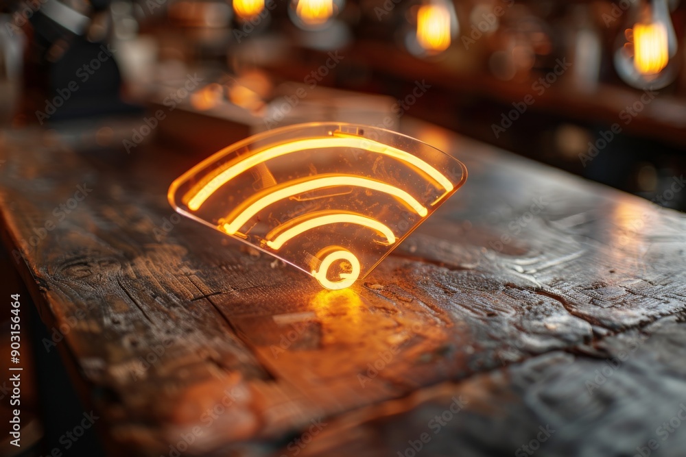 Poster glowing wi fi symbol on a rustic wooden table representing digital connectivity and modern technolog