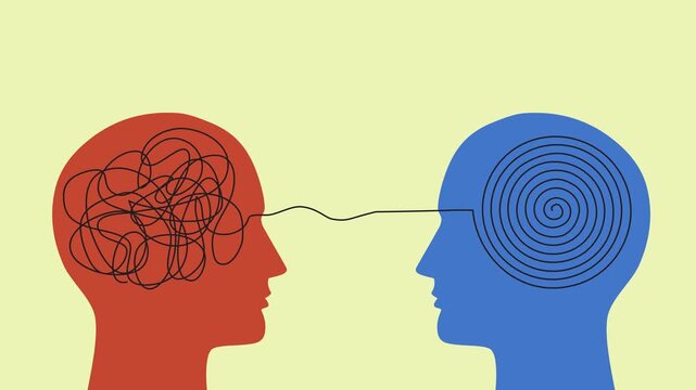 Video animation with two human heads with messy complicated line and orderly round element. Concept of solving problem, situation, chaos and mess, psychotherapy