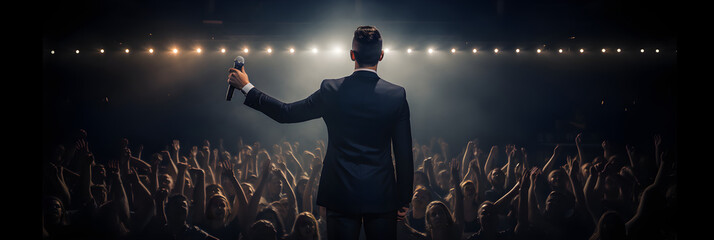 Captivating Scene of an Emcee Commanding the Spotlight on a State-of-art Illuminated Stage