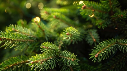 The pale green branches of the spruce are in close-up with a bokeh effect.